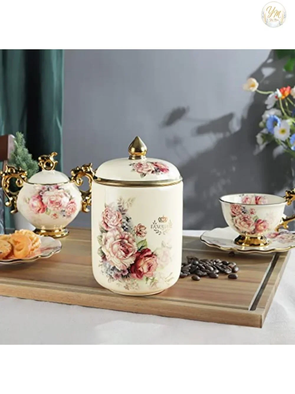 Porcelain Tea Canister, Vintage Floral Countertop Container Sugar Coffee
